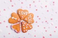 Homemade cookies in the shape of heart with letteing I Love You with sweets sugar candy hearts on the white background. Valentine