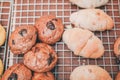 Closeup of woman holding clamp picking sugar-glazed doughnuts a bakery store Royalty Free Stock Photo