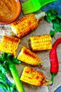 ÃÂomemade corn baked with chilli sauce. Baked corn with chili sauce. Royalty Free Stock Photo