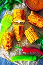 ÃÂomemade corn baked with chilli sauce. Baked corn with chili sauce. Royalty Free Stock Photo