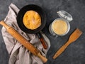 Homemade corn flatbread meal on frying pan linen cloth. Handmade mexican tortilla for wrapping. Traditional latin recipe Royalty Free Stock Photo