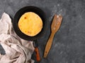 Homemade corn flatbread meal on frying pan linen cloth. Handmade mexican tortilla for wrapping. Traditional latin recipe Royalty Free Stock Photo