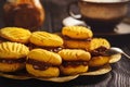 Homemade corn shortbread cookies with caramel sauce.