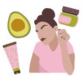 Homemade cosmetic from Avocado.Make up,organic face mask.Natural skin care.Young woman loves herself.Hand drawn set.