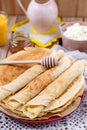 Homemade cottage cheese with orange juice and pancakes Royalty Free Stock Photo