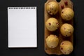 Homemade Cranberry Muffins with Orange Zest on a rustic wooden board, blank notepad on a black background, top view. Flat lay, Royalty Free Stock Photo