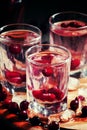 Homemade cranberry vodka, dark wooden background, selective focu Royalty Free Stock Photo