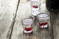 Homemade cranberry vodka, wooden background Royalty Free Stock Photo