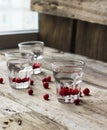 Homemade cranberry vodka, wooden background Royalty Free Stock Photo