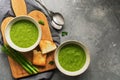 Homemade cream asparagus soup with toast on a gray background. Overhead view, copy space Royalty Free Stock Photo