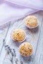 Homemade cream candy dessert on wooden background close up. Delicious praline with decor