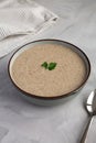 Homemade Cream of Mushroom Soup in a Bowl on a gray background, side view Royalty Free Stock Photo