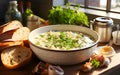 Homemade Creamy clam chowder, brimming with plump clams hearty potatoes and aromatic herbs soup in white bowl on table near window Royalty Free Stock Photo