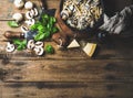 Homemade creamy mushroom pasta spaghetti with parmesan and basil Royalty Free Stock Photo