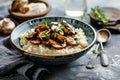 Homemade creamy risotto with brown champignon mushrooms and parsley. Generative AI