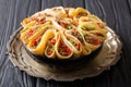 Homemade crepes stuffed with beef, peppers and onions closeup. h Royalty Free Stock Photo