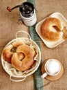 Homemade crescent rolls with crumble and aromatic coffee. Brunch or breakfast. Royalty Free Stock Photo