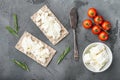 Homemade Crisp bread toast with Cottage Cheese, on gray stone table background, top view flat lay Royalty Free Stock Photo