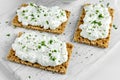 Homemade Crispbread toast with Cottage Cheese and parsley on white wooden board. Royalty Free Stock Photo