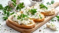 Homemade Crispbread toast with Cottage Cheese and parsley on white wooden board Royalty Free Stock Photo