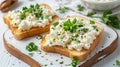 Homemade Crispbread toast with Cottage Cheese and parsley on white wooden board Royalty Free Stock Photo