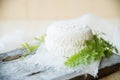 Homemade Crispbread toast with Cottage Cheese and parsley on white wooden board background. Royalty Free Stock Photo