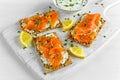 Homemade Crispbread toast with Smoked Salmon, Melted Cheese and cress salad. on white wooden board Royalty Free Stock Photo