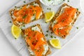 Homemade Crispbread toast with Smoked Salmon, Melted Cheese and cress salad. on white wooden board Royalty Free Stock Photo