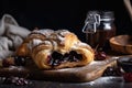 homemade croissant, filled with chocolate and cherry jam, sprinkled with powdered sugar