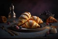 Homemade croissants with berry on dark background