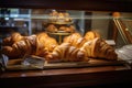 homemade croissants, neatly displayed in a glass case for customers to purchase