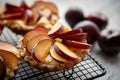 Homemade crumble tarts with fresh plum slices placed on iron baking grill