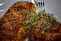 Homemade crusted salmon with spinach and cheese with sesame and red onion sprouts on top Royalty Free Stock Photo