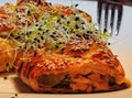 Homemade crusted salmon with spinach and cheese with sesame and red onion sprouts on top Royalty Free Stock Photo