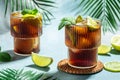 Homemade Cuba Libre with fresh lime, rum, cola, mint in the glass, banner, menu, recipe place for text Royalty Free Stock Photo