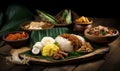 Homemade cuisine on the banana leaf and in the clay bowls. Abundant rustic dinner on wooden table. Black backdrop. Generative AI Royalty Free Stock Photo