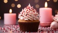 Homemade cupcake with chocolate icing, candle, and festive decoration generated by AI Royalty Free Stock Photo
