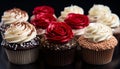 Homemade cupcake with chocolate icing, candy decoration, and fresh flowers generated by AI Royalty Free Stock Photo