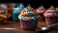 A homemade cupcake with multi colored icing and chocolate decoration generated by AI Royalty Free Stock Photo