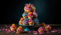 A homemade cupcake with multi colored icing, a sweet indulgence generated by AI