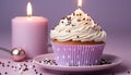 Homemade cupcake with pink icing, candle, and birthday decoration generated by AI Royalty Free Stock Photo