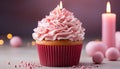 Homemade cupcake with pink icing, candle, and chocolate decoration generated by AI Royalty Free Stock Photo