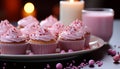 Homemade cupcake with pink icing, candle, and chocolate decoration generated by AI Royalty Free Stock Photo
