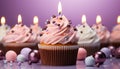 Homemade cupcake with pink icing, candle, and colorful decoration generated by AI Royalty Free Stock Photo