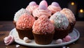 Homemade cupcake with pink icing, chocolate, and candy decoration generated by AI Royalty Free Stock Photo