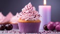 Homemade cupcake with pink icing, chocolate decoration, and birthday candle generated by AI Royalty Free Stock Photo