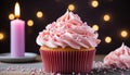 Homemade cupcake with pink icing, chocolate decoration, and candle generated by AI Royalty Free Stock Photo