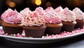 Homemade cupcake, sweet temptation, pink icing, chocolate decoration generated by AI Royalty Free Stock Photo