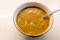 Homemade Curried Lentil Soup with Turkish Noodle Eriste in Spoon