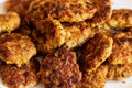 Homemade cutlets,meatballs white plate on a table yellow background.Delicious homemade cutlets.Selective focus.Closeup